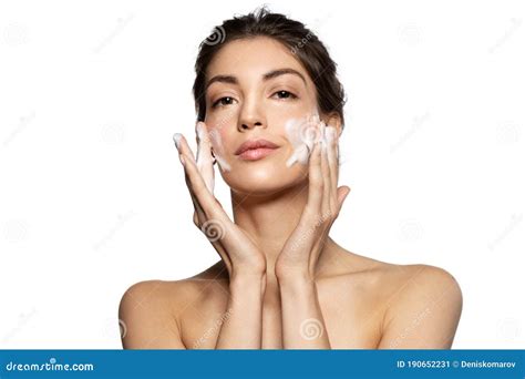 Woman Washing Face Skin With Soap Foam Stock Image Image Of Cleanser Liquid 190652231