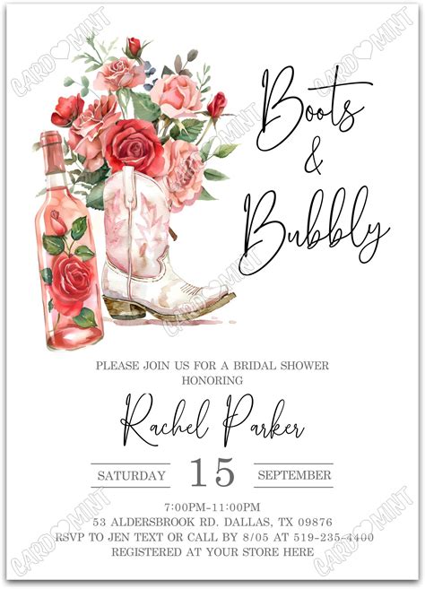 Editable Boots Bubbly Bridal Shower Invitation Cardmint