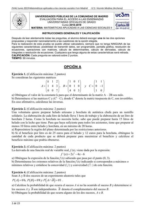 EVAU Matemáticas Madrid Exámenes y Soluciones 2024