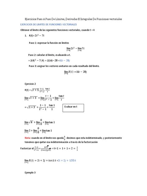 Límites Derivadas E Integrales De Funciones Vectoriales Ejercicios Resueltos Paso A Paso Pdf