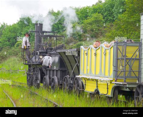 Replica of steam locomotive Locomotion No.1 pulling a train on the ...