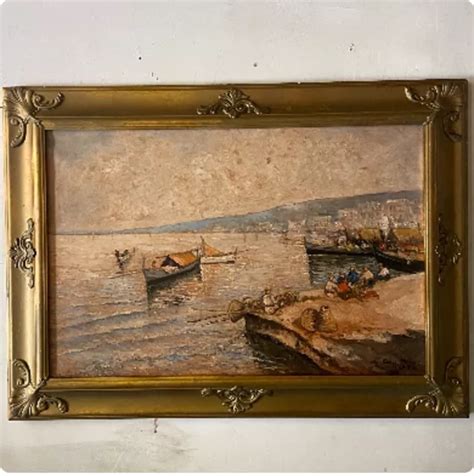 Quadro Dipinto A Olio Su Tela Vintage Vecchio Paesaggio Napoli Con