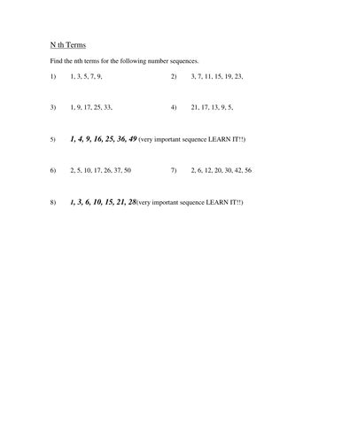 Nth Terms Of A Sequence Homework Teaching Resources