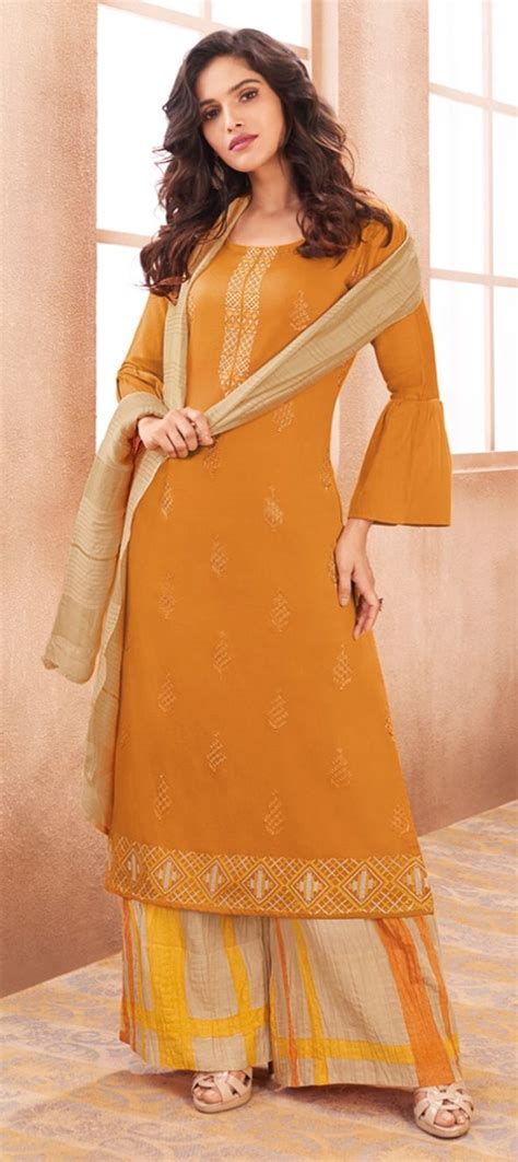 1516041 Party Wear Orange Color Cotton Fabric Salwar Kameez