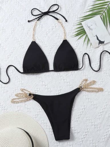 Chain Strap Halter Triangle Bikini Swimsuit