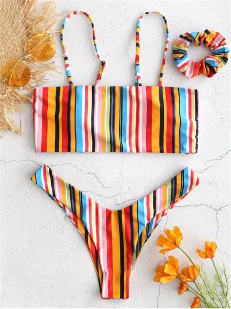 Zaful Colorful Striped Cami Bikini With Headband Multi Multi A Multi B