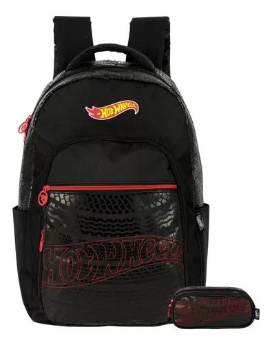 Escolar Hot Wheels Luxo Mochila De Costas Estojo Duplo Cor Vermelho