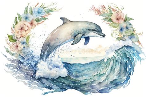 Happy Dolphin in Hand Drawing Watercolor Style with Summer Flower ...