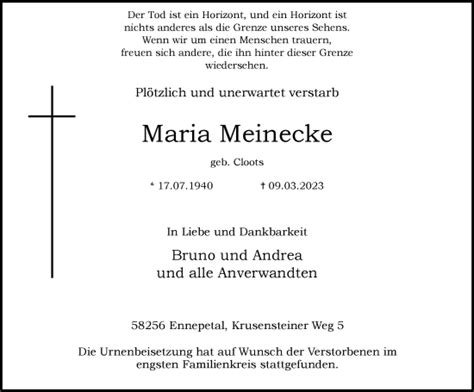 Traueranzeigen Von Maria Meinecke Trauer In Nrw De