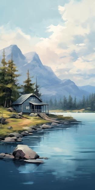 Premium AI Image Serene Cabin On The Shore Digital Painting Of A