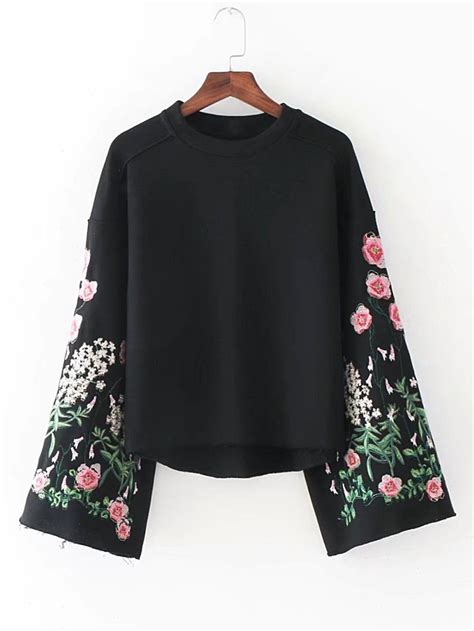 Sweatshirts By Borntowear Bell Sleeve Flower Embroidery Sweatshirt