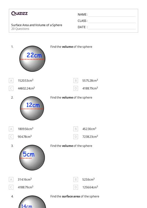 Volume Of A Sphere Worksheets For Th Grade On Quizizz Free