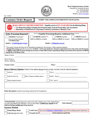 Fillable Online Sos Wv Customer Order Request With Guidelines Fax Email