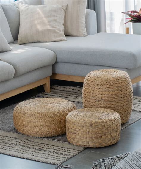 Handwoven Water Hyacinth Pouf Cushions Piece Ottoman Set