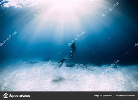 Woman Freediver Bikini Sandy Sea Fins Freediving Underwater Blue Ocean