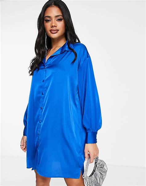 Naanaa Satin Midi Shirt Dress In Cobalt Blue Asos