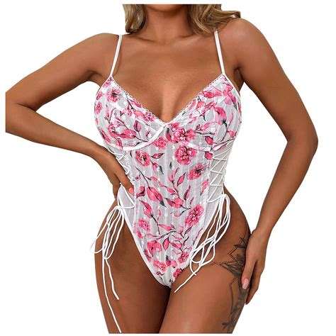 YDKZYMD Pink Women S Lingerie Lace Bodysuit Snap Crotch Teddy Floral