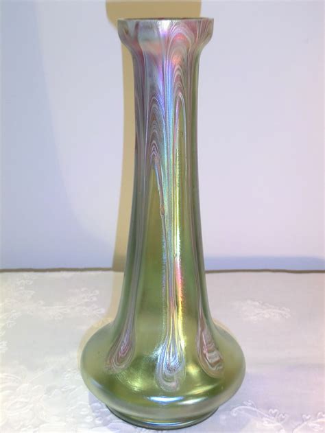 Pallme KÖnig Large Iridescent Pale Green Vase Mottled Overlay With Seven Feather Pulled Fingers