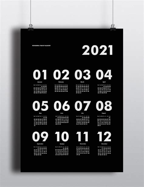 Minimalist Black Wall Calendar 2021 By Kajastef Vertical Etsy