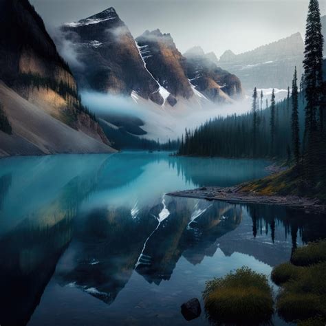 Premium Ai Image A Mountain Lake With A Foggy Sky And A Mountain In