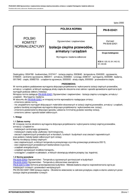 PN B 02421 Ogrzewnictwo i ciepłownictwo.Izolacja cieplna przewodów ...