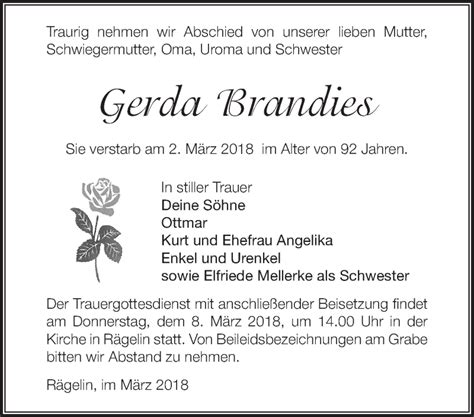 Traueranzeigen von Gerda Brandies Märkische Onlinezeitung Trauerportal