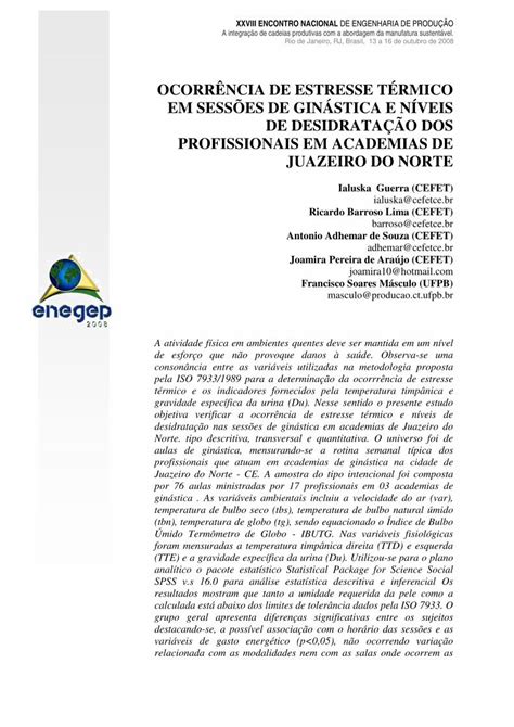 Pdf OcorrÊncia De Estresse TÉrmico Em SessÕes De GinÁstica E NÍveis De · OcorrÊncia De