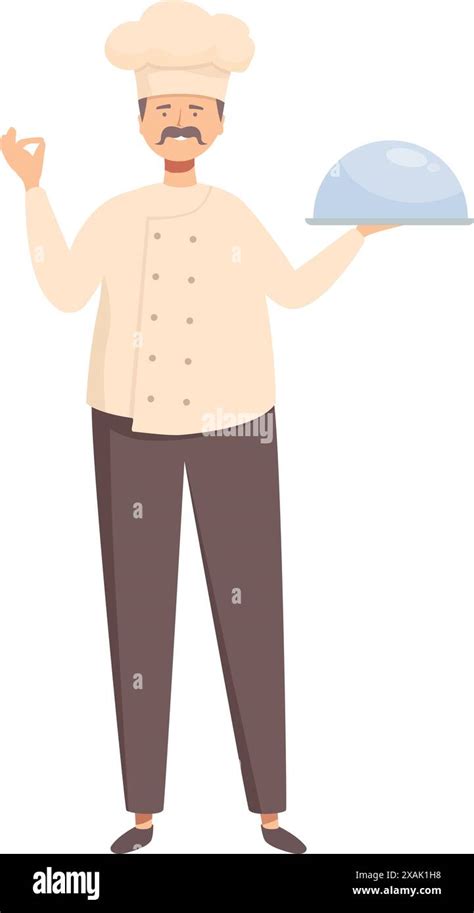 Smiling Chef Is Holding A Meal Tray Covered With A Cloche And Gesturing A Perfect Sign Stock