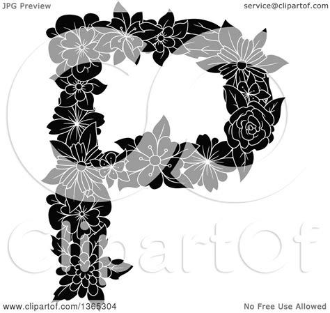 Clipart Of A Black And White Floral Uppercase Alphabet Letter P