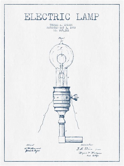 Thomas Edison Vintage Electric Lamp Patent From 1882 Blue Ink Digital