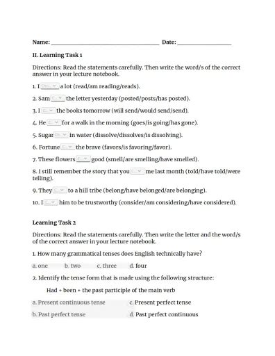 W4 Q1 Learning Tasktense And Aspect Interactive Worksheet Edform