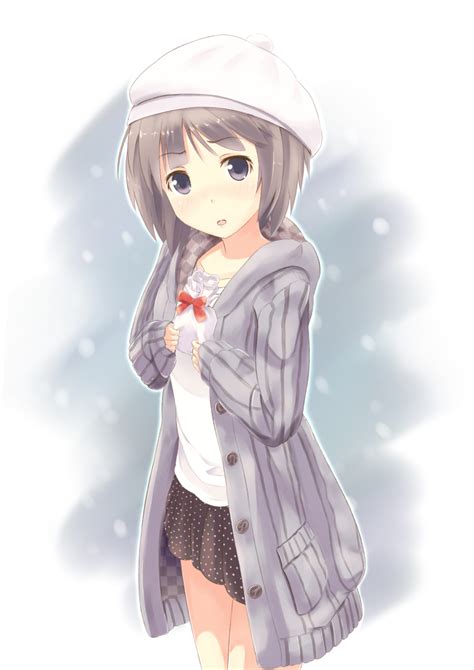 Safebooru Blue Eyes Blush Brown Hair Coat Hat Long Hair Momo No