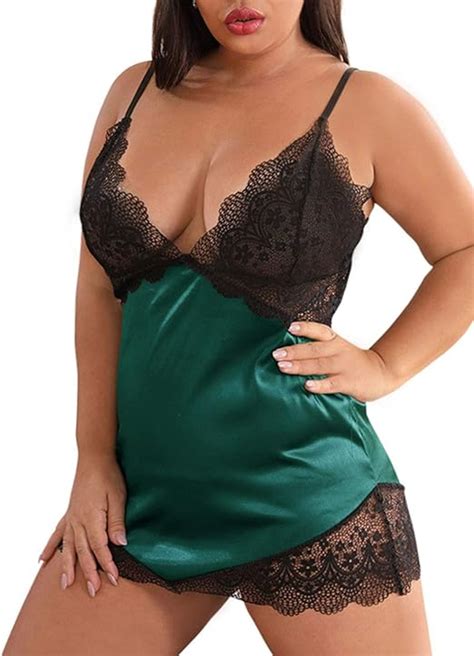 Xakalaka Women Plus Size V Neck Lace Satin Lingerie Babydoll Silky Chemise Sleepwear At Amazon