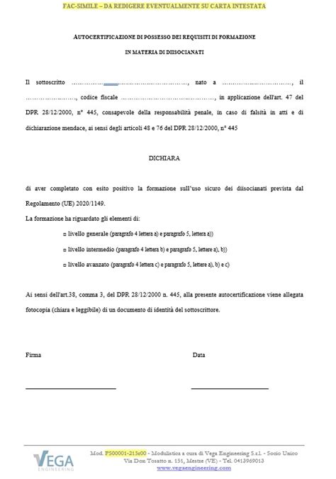 Facsimile Autocertificazione Del Possesso Dei Requisiti Di Formazione