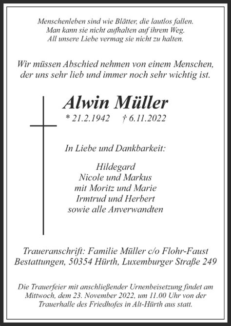 Traueranzeigen Von Alwin M Ller Wirtrauern