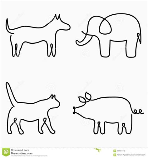 Continuous Line Print: Cat, Dog, Pig, Elephant