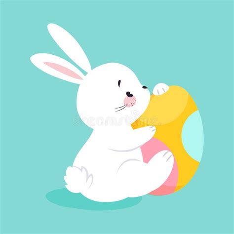 White Easter Bunny Hugging Decorated Egg On Blue Background Vector Illustration Stock Vector