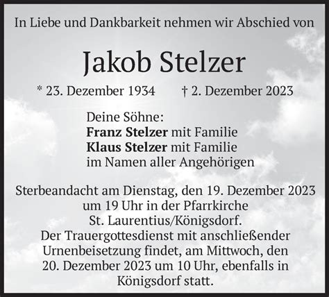 Traueranzeigen Von Jakob Stelzer Trauer Merkur De