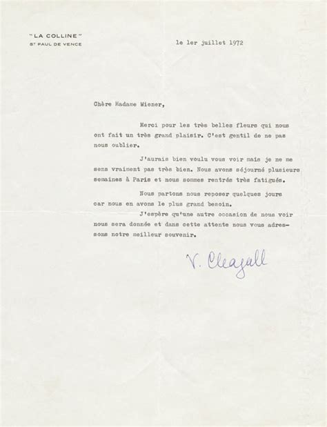 Valentina Vava Mrs Marc Chagall Typed Letter Signed 07011972