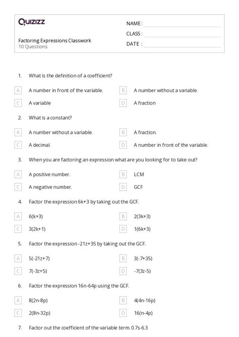 50 Factoring Expressions Worksheets For 7th Grade On Quizizz Free