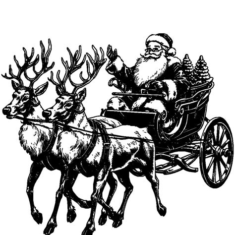 Free Santa Claus And Reindeer Carriage Black And White SVG Vector File