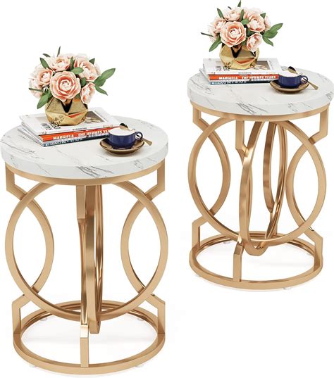 Tribesigns Modern Round End Table Set Of Two With Thick Faux Marble Top