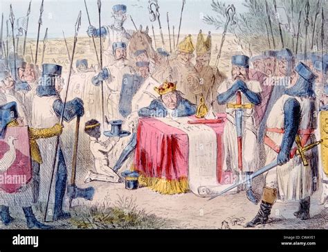 The Magna Carta being signed by King John, 1215, illustration by John Leech published 1875 Stock ...