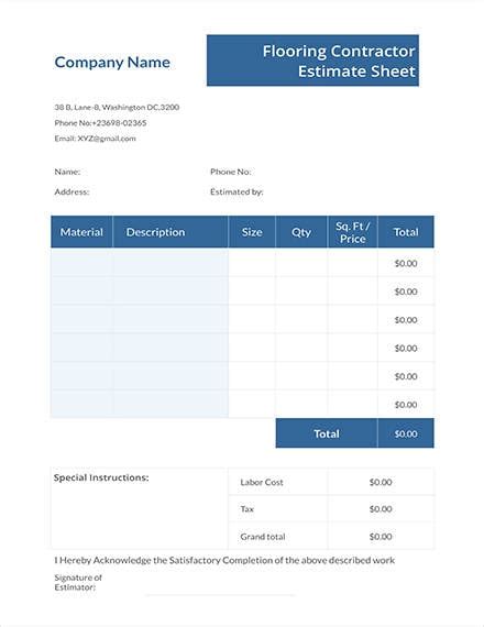 Printable Flooring Estimate Template