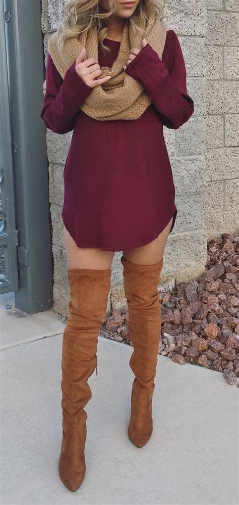 Outfit Inspiration Maroon Dress Brown Over The Knee Boots Knit