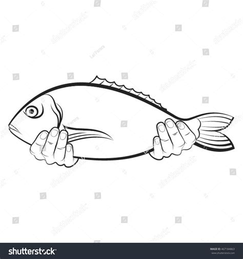 Hands Holding Big Fish Outlinevector Drawing Stock Vector Royalty Free