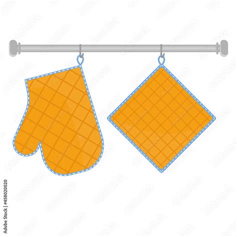 Oven mitt and oven mitt hanging on the rack on hooks, color isolated vector illustration in the ...