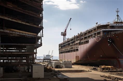 Premium AI Image | Shipyard with view of massive ship under construction