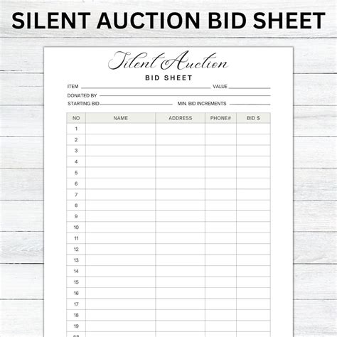 Silent Auction Bid Sheet Silent Auction Sign Up Sheet Fundraiser Sheet Silent Auction