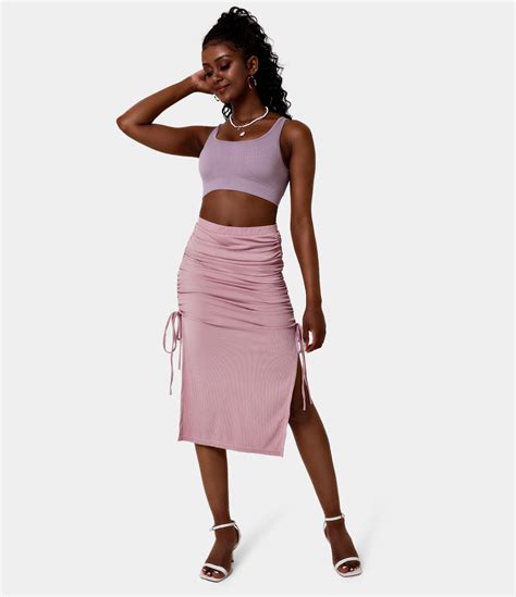 Women S High Waisted Ruched Drawstring Split Hem Ribbed Midi Skirt Halara